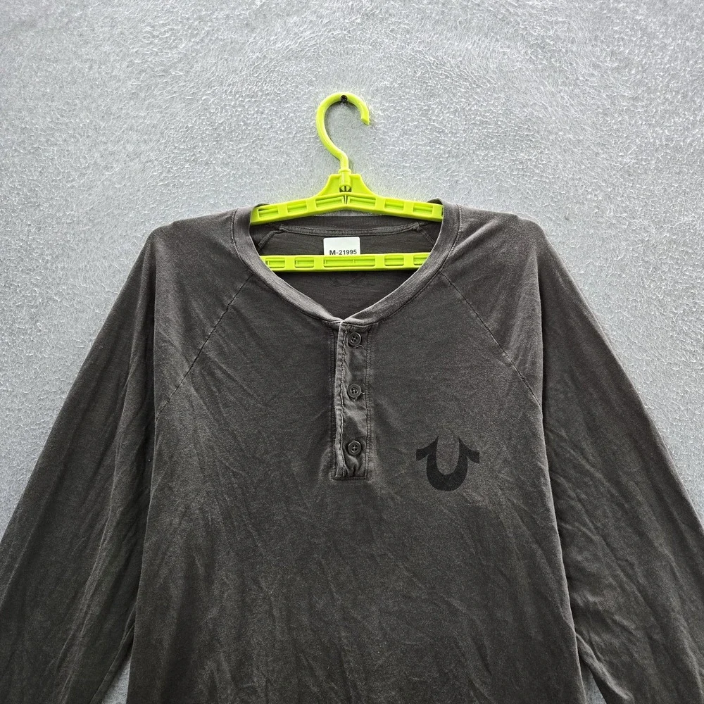 True Religion‎ Men Shirt XL Gray Guitar Buddha Henley Grunge Button Long Sleeve